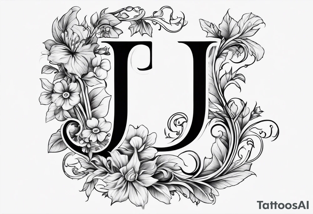 Capital letter j with vines and small flowers around it tattoo idea