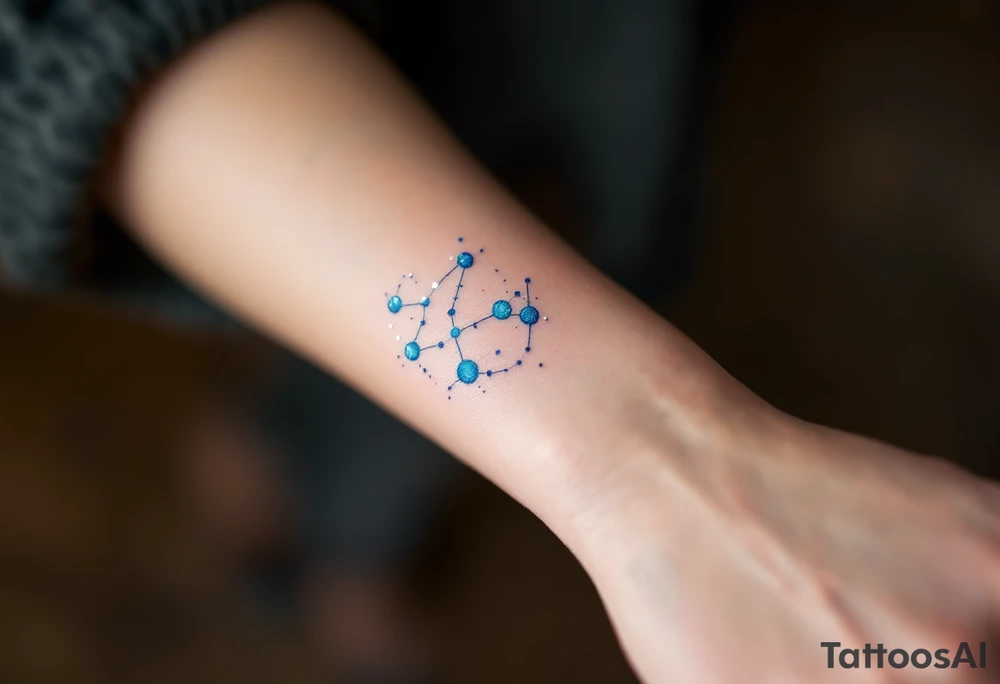An ethereal Aries tattoo uses dots of light-blue and white to form the constellation in a dreamy galaxy swirl. tattoo idea