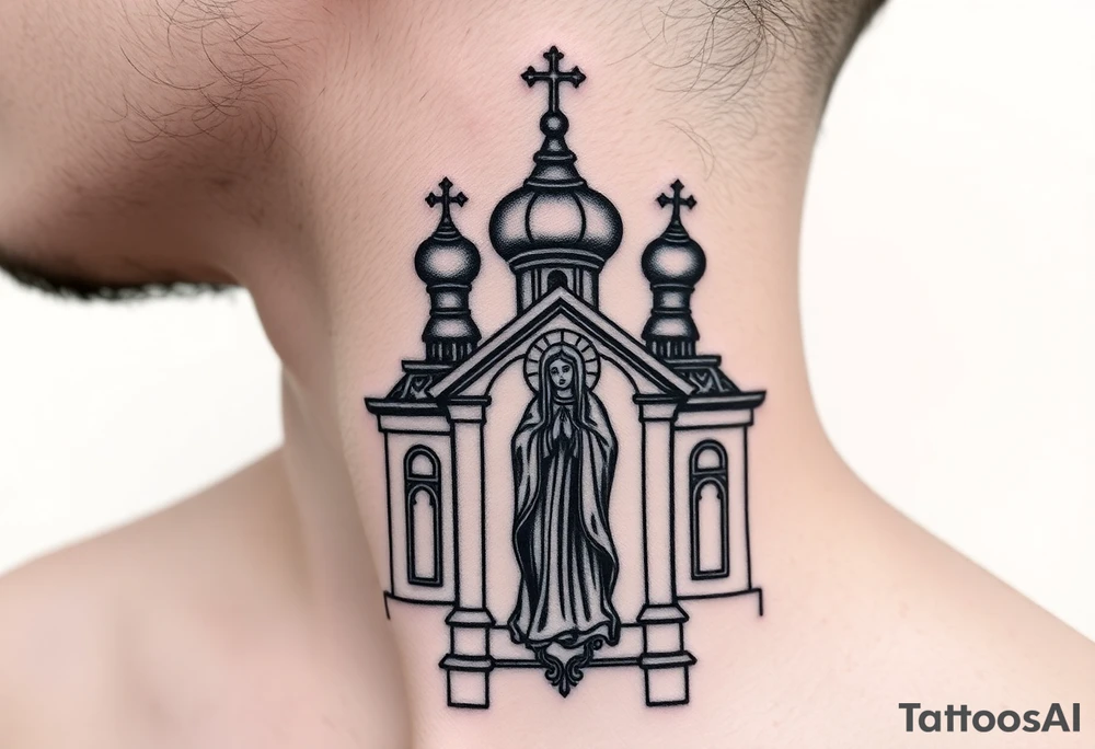 medium sized Russian orthodox church with bulb domes with a prominent russian orthodox style virgin mary stood tattoo idea