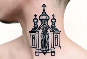 medium sized Russian orthodox church with bulb domes with a prominent russian orthodox style virgin mary stood tattoo idea