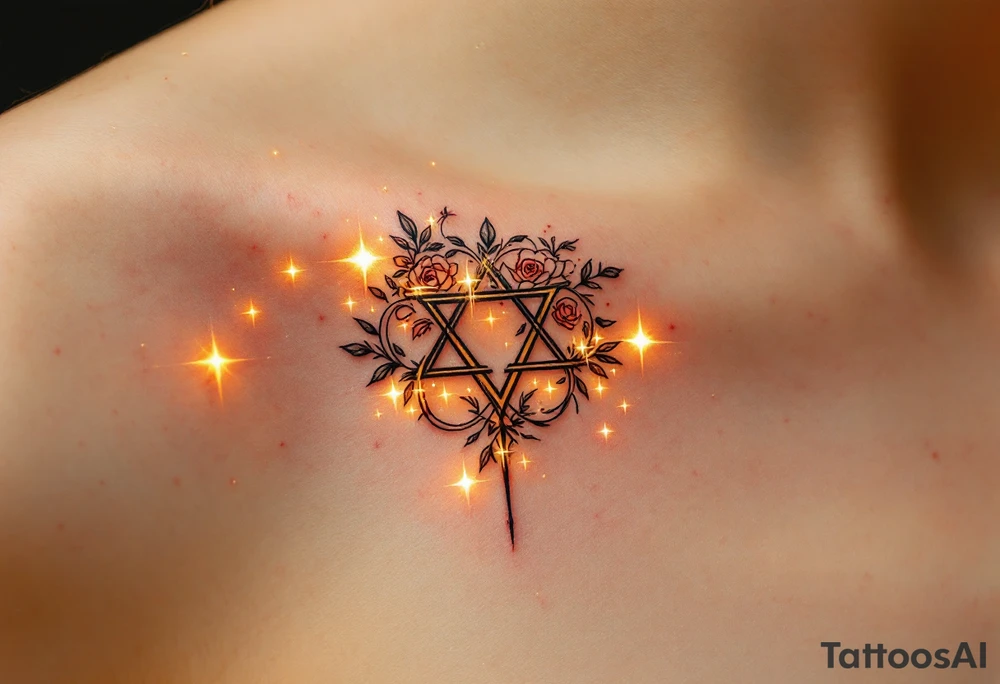 A mystical rune of love with golden light, surrounded by a faint magical aura. The symbol itself is engraved with sharp, symmetrical lines, and small roses wrap around the edges. The tattoo evokes timeless love, with deep red accents and delicate glowing stars scattered around it. tattoo idea