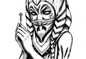 Ahsoka praying with rosary in hands and bandana over mouth tattoo idea