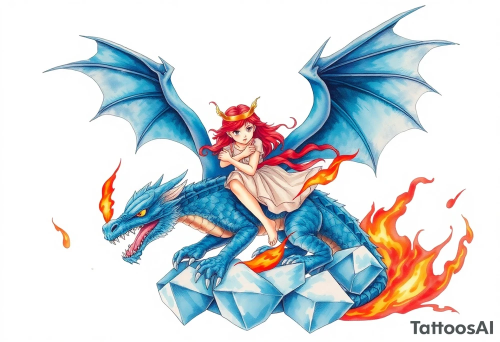 Scared redheaded girl on a blue dragon breathing fire with wings spread and flying over ice and flames tattoo idea