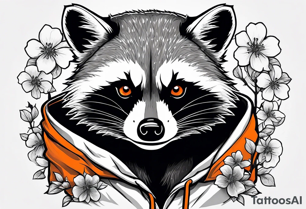 raccoon wearing a Superman hoodie with black and white logo and orange Japanese cherry blossoms tattoo idea