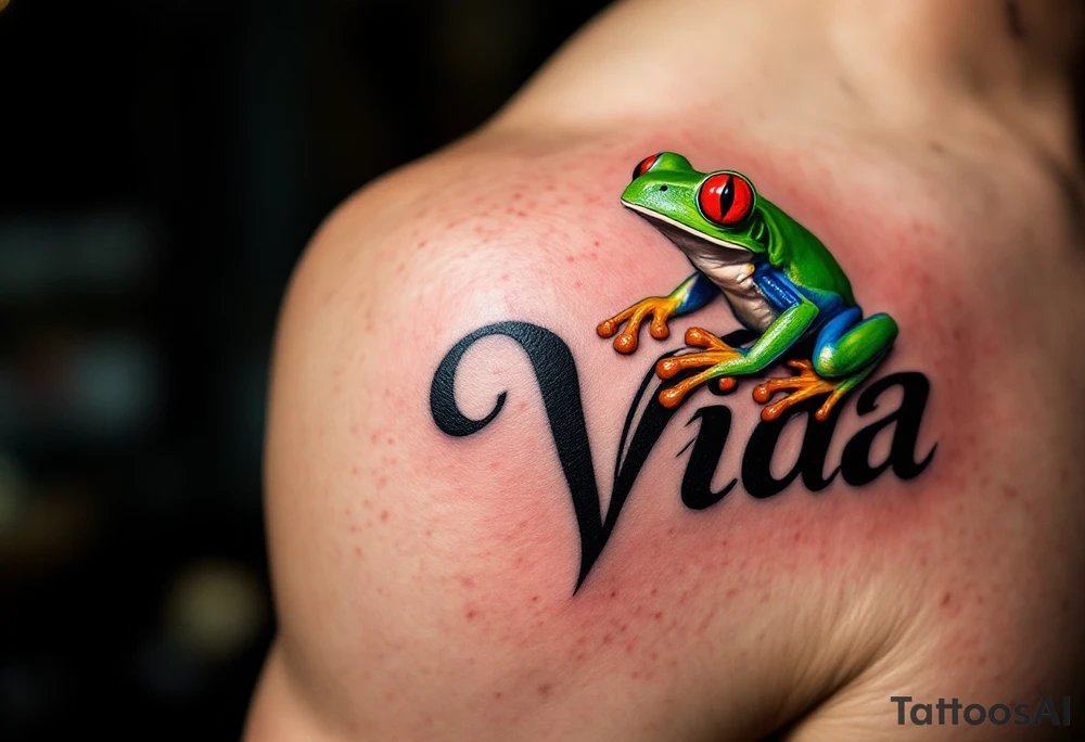 Bold black “Pura Vida” with a Costa Rican red-eyed tree frog in vibrant green and crimson perched on a letter. tattoo idea