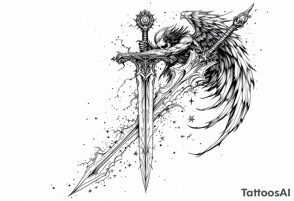 Momentum mori engraved on the sword with the Angel of Death holding the blade looking down on it tattoo idea