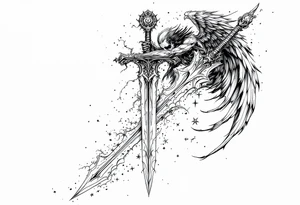 Momentum mori engraved on the sword with the Angel of Death holding the blade looking down on it tattoo idea