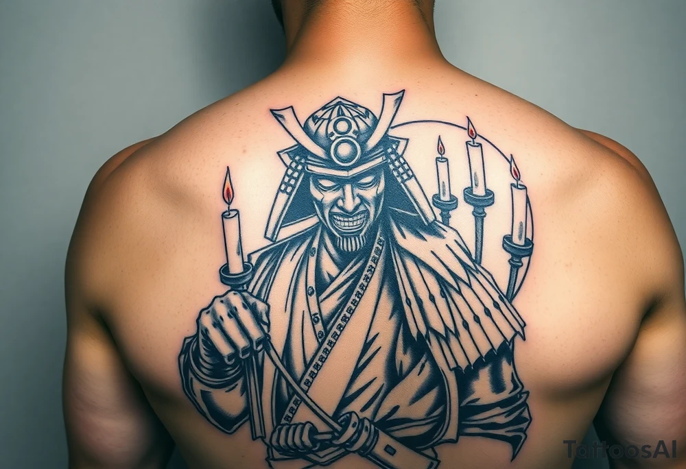 historical dark japan samurai with candles in a cicle all around
on side display tattoo idea