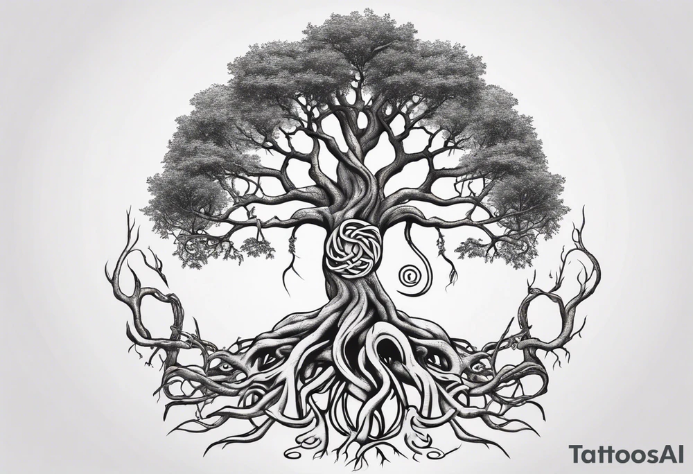 Yggdrasil with a serpent weaving through the roots of the tree tattoo idea