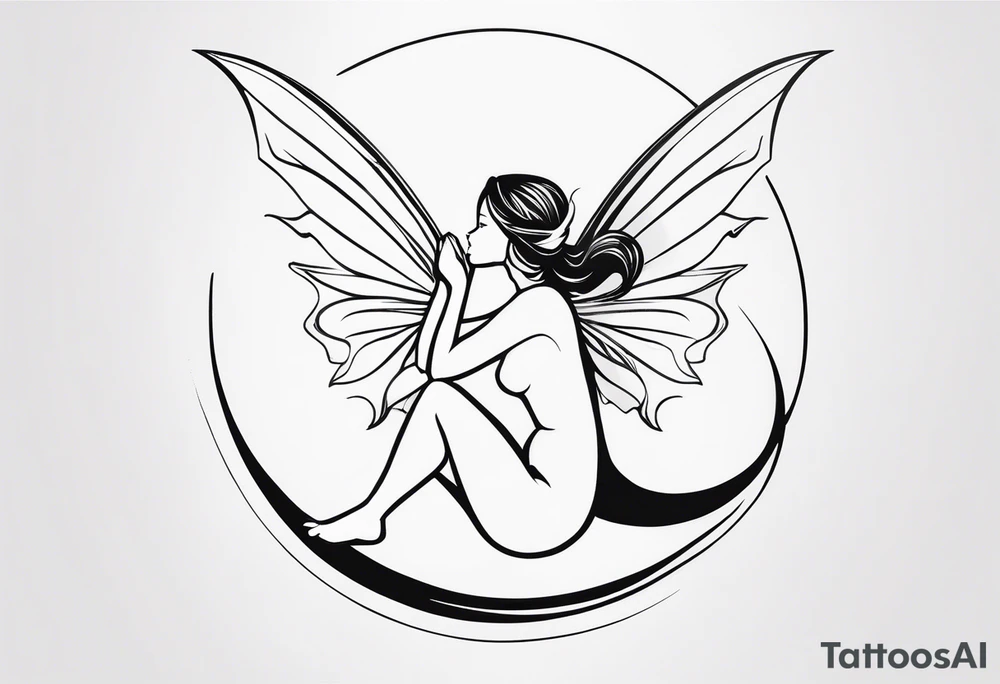 Minimalistic, monochromatic fairy with a tail flying to the left in a fetal position, leaning and looking in the same direction, with visible hands, embodying the 'Fairy Tail' logo aesthetic. tattoo idea