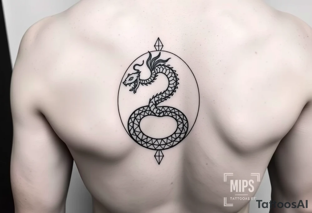 Ouroborous or dragon/serpent/snake eating its own tail in a figure 8 in negative space with geometric patterns on a leg tattoo design tattoo idea