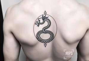 Ouroborous or dragon/serpent/snake eating its own tail in a figure 8 in negative space with geometric patterns on a leg tattoo design tattoo idea