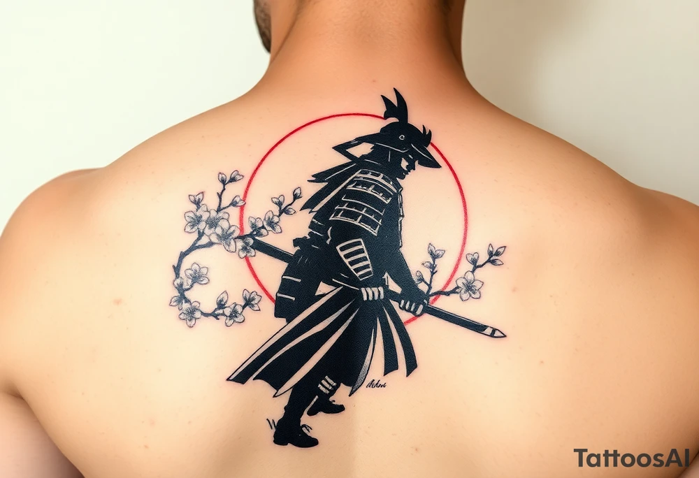 noble samurai warrior silhouette at sunset with cherry blossoms tattoo idea