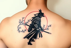 noble samurai warrior silhouette at sunset with cherry blossoms tattoo idea