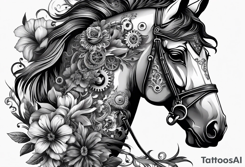 A horse head made fully out of gears. The horse's mane is made out of flowers tattoo idea