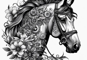 A horse head made fully out of gears. The horse's mane is made out of flowers tattoo idea