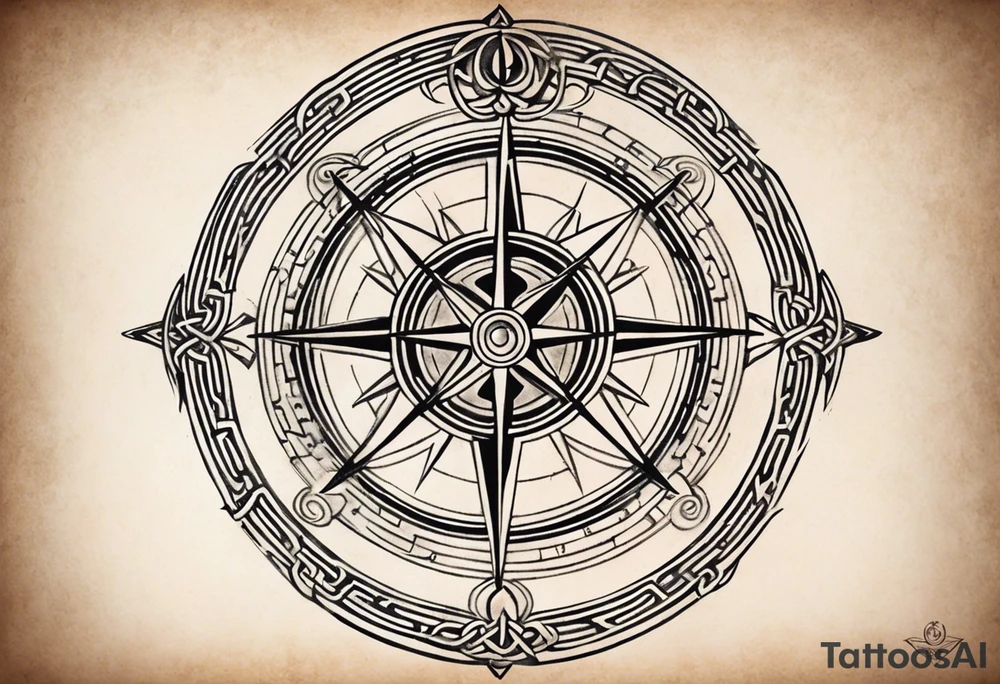 A compass with a labyrinth on the inside and to Celtic swords going through the center of the compass tattoo idea