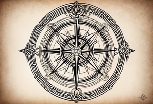 A compass with a labyrinth on the inside and to Celtic swords going through the center of the compass tattoo idea