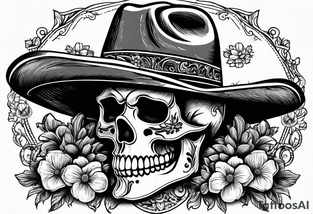 Mexican skull wearing cowboy hat with art paintbrushes and bluebonnets flowers tattoo idea