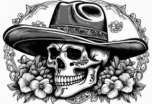 Mexican skull wearing cowboy hat with art paintbrushes and bluebonnets flowers tattoo idea