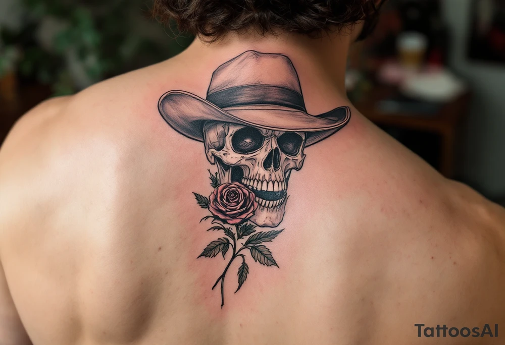 skeleton cowboy with rose in teeth tattoo idea