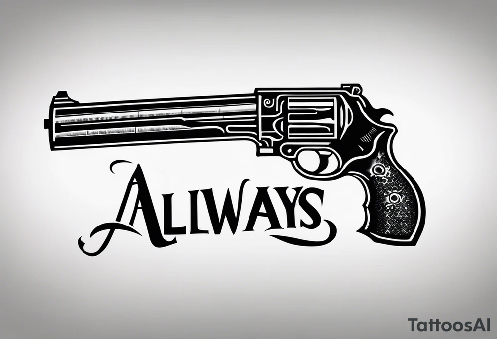 The letters AR with a pistol on each side and the word always on the top and ready on the bottom tattoo idea