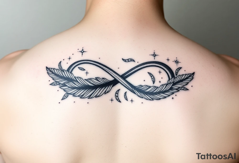 infinity symbol woven with floating feathers and stardust tattoo idea