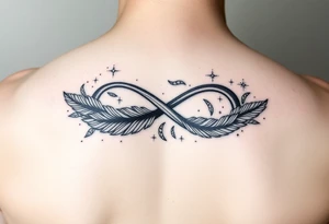 infinity symbol woven with floating feathers and stardust tattoo idea