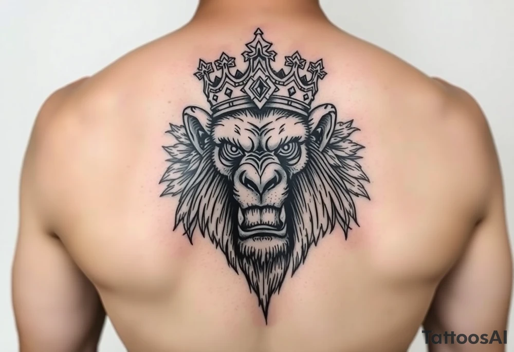 Powerful ape with crown and majestic features around it tattoo idea