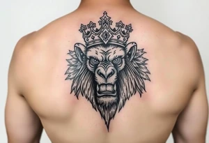 Powerful ape with crown and majestic features around it tattoo idea