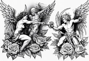 Archangel fighting a demon with roses tattoo idea