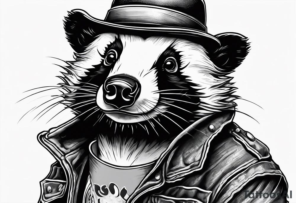 Angry badger with mouth open with soda can and chips in hands tattoo idea