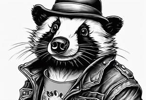 Angry badger with mouth open with soda can and chips in hands tattoo idea