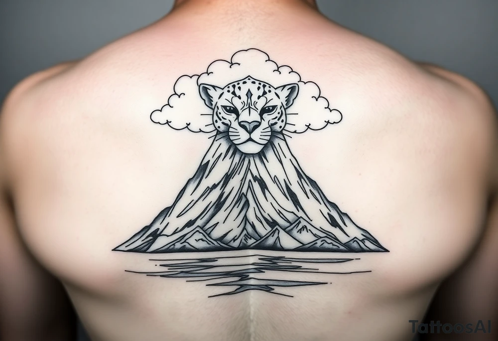 Primary focus is a mountain. At the crown of the mountain is a jaguar face made of puffy cumulus clouds. At the base of the mountain is a reflective salt flats. Use Peruvian accents in the design tattoo idea