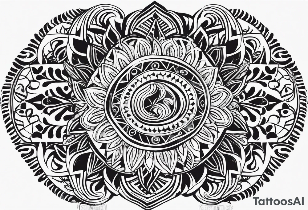 Tatouage ornement noir et blanc. Forme géométrique en longueur avec des signes aborigène australiens désignant les kangourous, la vie. Puis dessiner un soleil, des vagues et des feuilles en rapport à l’Australie ou Bali. Lignes très fines. tattoo idea