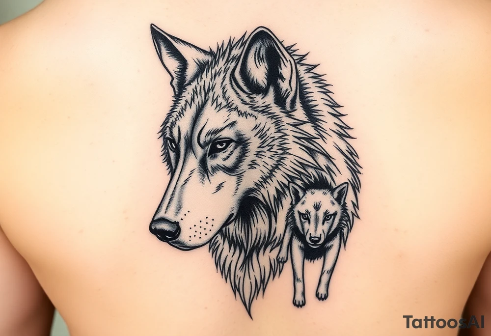 A solitary yet sublime and noble wolf and its progeny. the face tattoo idea