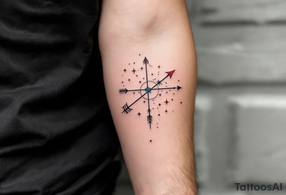 A fine-line Sagittarius star constellation tattoo with a bold red arrow shooting across the stars on the ribcage. tattoo idea