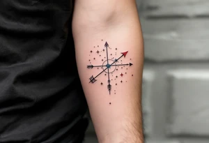 A fine-line Sagittarius star constellation tattoo with a bold red arrow shooting across the stars on the ribcage. tattoo idea