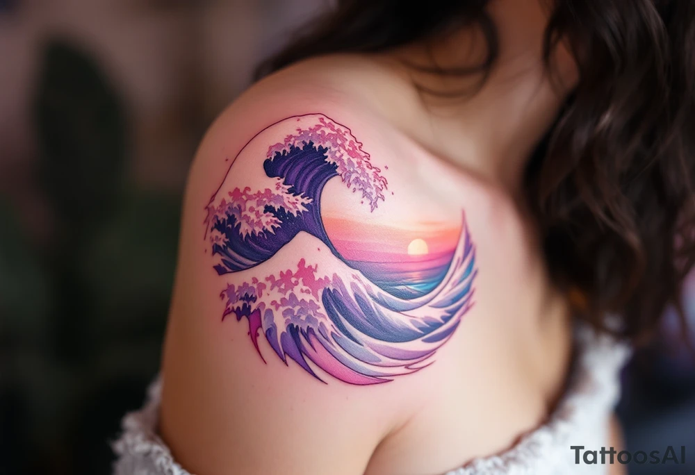 A pastel pink and purple wave dances around the shoulder, evoking a dreamy sunset surf. tattoo idea