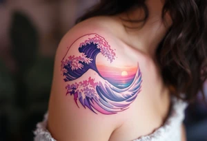 A pastel pink and purple wave dances around the shoulder, evoking a dreamy sunset surf. tattoo idea
