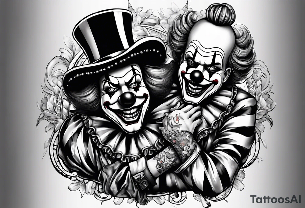 A clown grabbing the leg of another clown tattoo idea