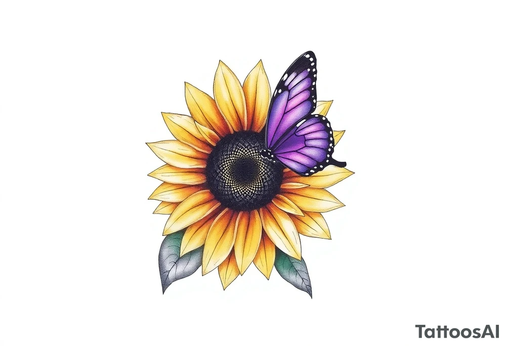 Sunflower with purple butterfly on side tattoo idea
