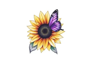 Sunflower with purple butterfly on side tattoo idea