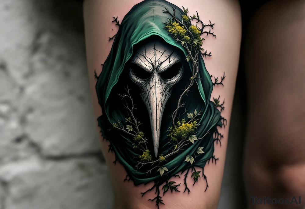 Plague Doctor with Thorned Vines – A mysterious plague doctor with tipical long nose mask cloaked in dark green and black, with thorny vines creeping over the robe and mask, symbolizing death and rebirth. The mask is cracked, with moss growing in its crevices. tattoo idea