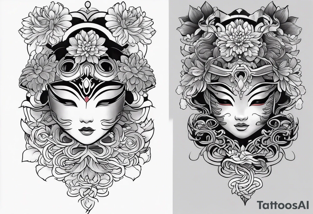 I want to combine japanese and ornamental styles. I want to have a full sleeve tattoo. i want a japanese mask in the top, japanese Chrysanthemum Flower in the bottom and fill the rest with ornamental tattoo tattoo idea