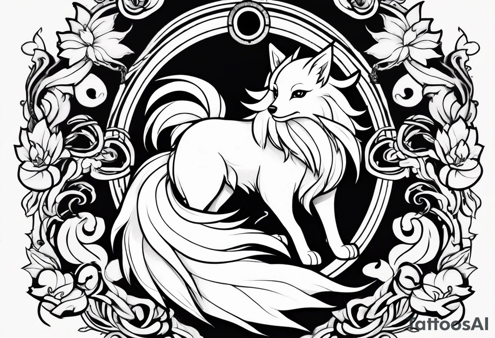 ninetails facing us, small and cute, it's in the center while the tails are surrounding the background tattoo idea