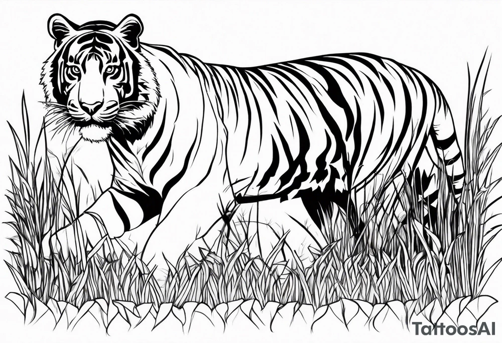 tigers stalking from behind grass tattoo idea