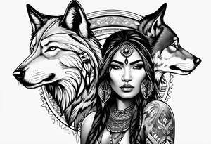 Native American woman with a wolf tattoo idea