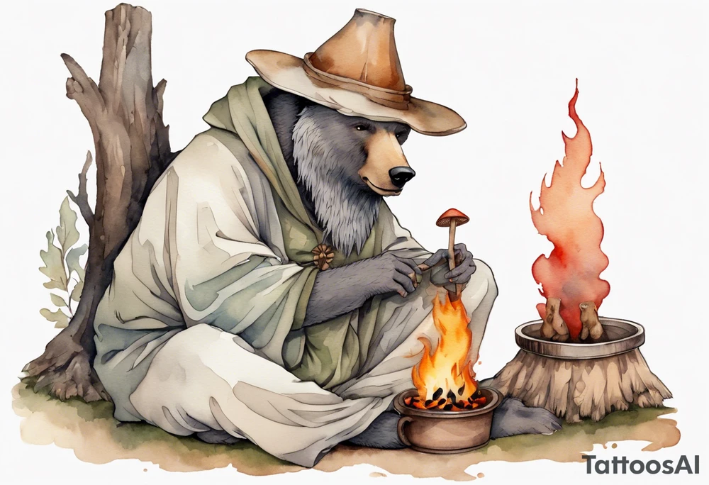 a medieval bear-human hybrid with a long grey beard wearing a tunic and a floppy mushroom hat sitting by a fire drinking from a wood cup tattoo idea