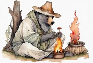 a medieval bear-human hybrid with a long grey beard wearing a tunic and a floppy mushroom hat sitting by a fire drinking from a wood cup tattoo idea